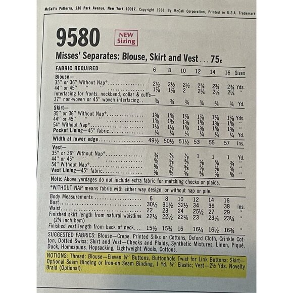 McCall's 9580 Pattern Vintage 1960s Misses Button Up Blouse Skirt Vest Size 12 - Picture 3 of 4